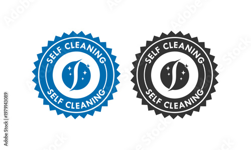 Set of self cleaning logo design templates in circle badge style with sparkle icons. Professional vector illustration for maintenance-free surface products and technology.
