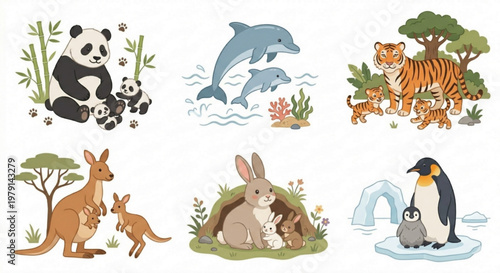 Cute animal family collection with mother and babies, adorable wildlife flat vector set
