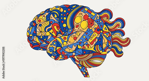 Human Brain Concept with Creative Abstract Colorful Geometric Pattern and Doodle Art Style Flat Vector Illustration