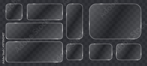 Set of glass plates, frosted glass frames with rounded corners, realistic transparent glossy banners, ui elements for web design, vector illustration
