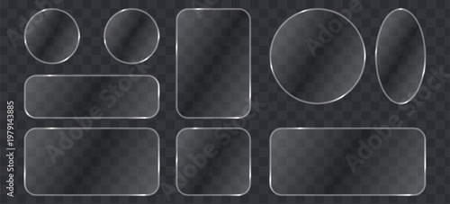 Set of glassmorphism shapes, frosted glass plates, transparent ui elements, glossy rounded rectangles and circles, realistic glass effect frames