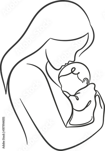Minimalist single line drawing of a mother gently holding her newborn baby against her chest with love and deep care
