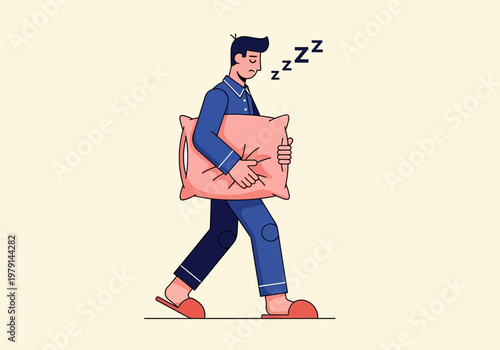 Sleepwalking Man in Pajamas Carrying a Pillow Illustration - Somnambulism and Sleep Disorder Concept Art