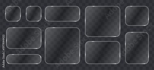 Set of glass plates, transparent glass frames with rounded corners, glossy buttons, ui elements, realistic frosted glass panels, vector illustration