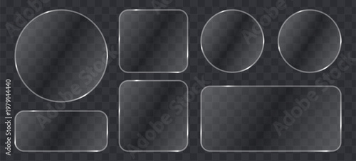 Set of glassmorphism plates, frosted glass shapes, transparent banners with glossy borders, ui elements for web design, vector illustration dark background