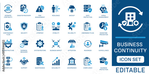 Business continuity icon set. featuring disaster recovery, risk management, data backup, security strategy, and corporate resilience in blue flat design.