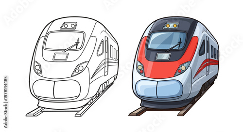 High-speed train coloring page and colored illustration