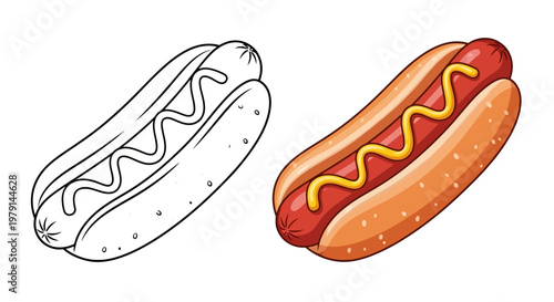 Hot Dog with Mustard, Coloring Page Outline and Finished Illustration