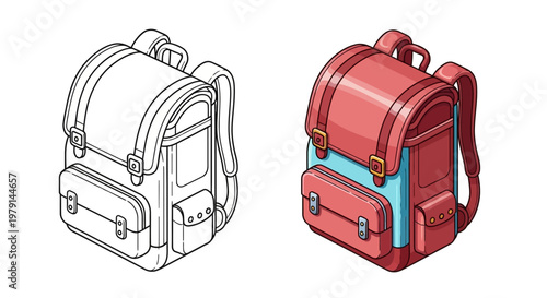 Isometric Backpack Outline and Colored Version: School Bag, Travel Luggage, Vector Illustration