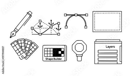 school icons set Vector Design Tool Line Icon Set with Pen Tool, Bezier Curves, and Graphic Editing Elements