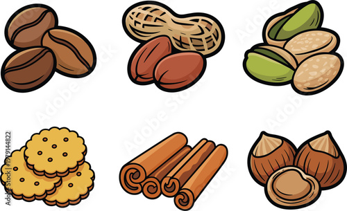 Set of hand drawn food icons including coffee beans, nuts, peanuts, pistachios, cinnamon sticks and crackers vector