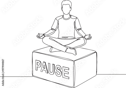 Embrace inner peace by hitting the pause button; continuous line art illustrating a person meditating atop a large pause symbol, promoting mental well-being and mindful breaks