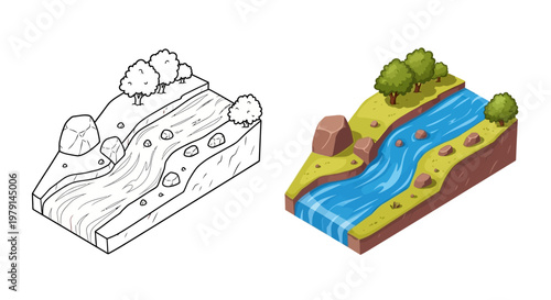 Isometric river landscape, nature scene with trees, rocks, and flowing water, line art and colored version