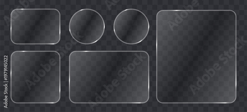 Set of glassmorphism frames, frosted glass plates, transparent ui elements with glossy borders, realistic vector shapes for web design and interface