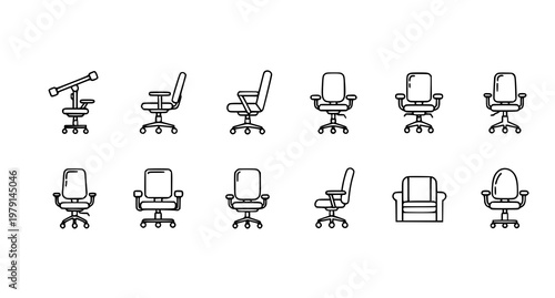 A set of office chairs in various styles and positions in a minimalist line art design