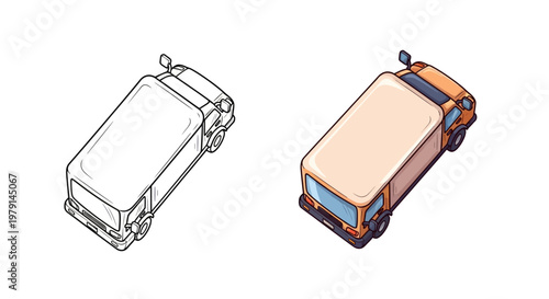 Isometric Truck Outline and Colored Version Comparison