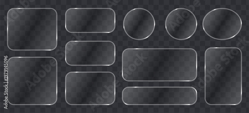 Set of glassmorphism style frames and buttons, transparent glossy shapes with rounded corners, frosted glass ui elements for web design, vector illustration