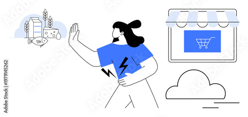 Food safety, dietary restrictions, e-commerce, allergies, health awareness, and cloud storage. Person avoiding milk products and cheese while holding their stomach. Food safety and dietary