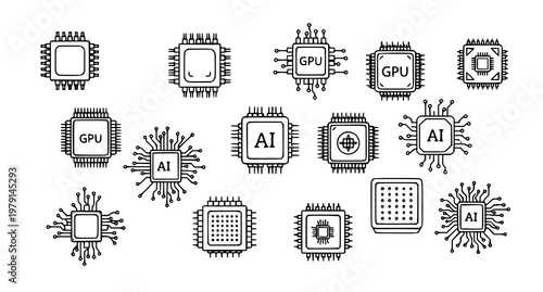 A collection of black and white vector graphics depicting various computer chip and microprocessor designs