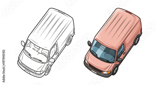 Isometric Van Outline and Colored Version, Top View, Transport Vehicle Illustration