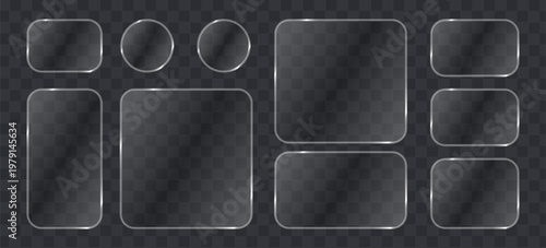 Set of glassmorphism style frames, frosted glass plates, transparent ui elements with glossy borders, realistic vector shapes for web design