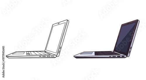 Laptop computer comparison: sketch vs. realistic, technology concept