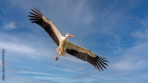 Stork in flight captured with 400mm lens at 1/1600s against clear sky background