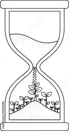 Hourglass with seedlings growing from sand, symbolizing growth and the passage of time in a unique artistic representation