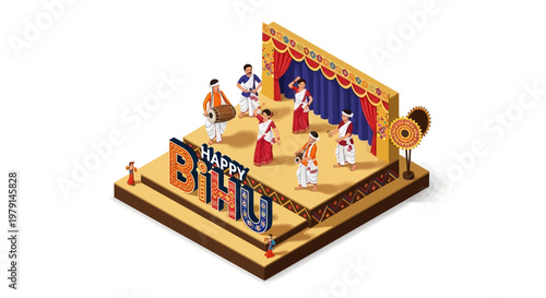 Isometric illustration showcasing the Assam heritage festival with a Rongali Bihu festival stage featuring dancers in traditional attire, complemented by vibrant decorations and lettering