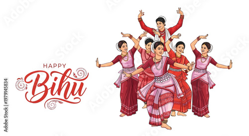 Illustrative vector art showcasing Assamese dancers performing Bihu, an Assam harvest festival, in traditional attire against a clean white backdrop, rendered with vibrant colors