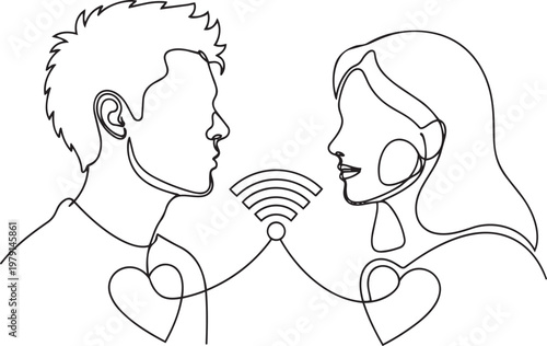 Digital Connection Illustrating the bond between two people communicating through a wireless signal, symbolizing love and modern relationships