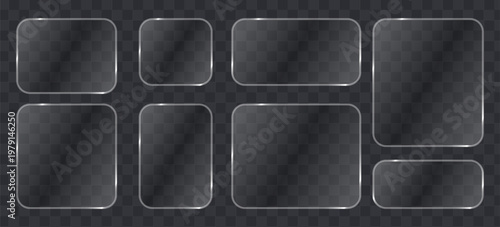 Set of glassmorphism plates, frosted glass frames, transparent ui elements, glossy rectangular shapes with rounded corners, realistic vector design