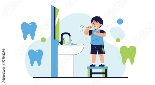 Boy brushing teeth in bathroom, healthy smile, dental hygiene, kid's routine