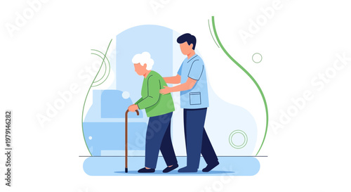 Caregiver assisting elderly woman with walking cane, promoting independence and support