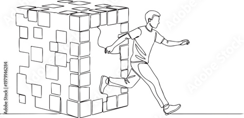 Fotografija Man escaping from a large cube made of smaller cubes, symbolizing a breakthrough