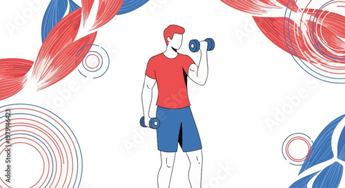 Man doing bicep curls with dumbbells, healthy lifestyle, fitness and exercise concept
