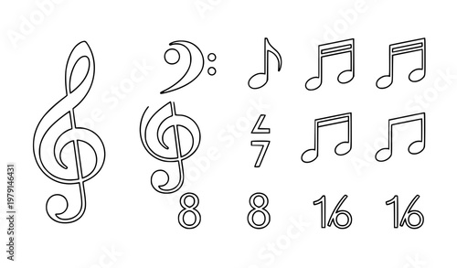 Musical notes and clef symbols outline icon vector set