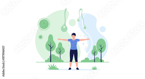 Man doing exercise outdoors in a park with trees and abstract shapes