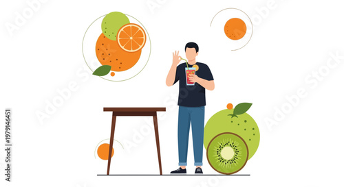 Man drinking fresh juice with fruits like orange and kiwi, healthy lifestyle concept