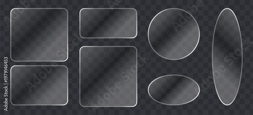 Set of glassmorphism frames, frosted glass plates, transparent ui elements, glossy geometric shapes, vector design elements for web and mobile app interface