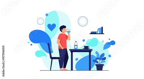 Man drinking water at a table with a plant and books, healthy lifestyle concept