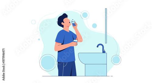Man drinking water from glass in bathroom, hygiene, health, morning routine