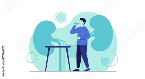 Man drinking water near stylized kidneys, promoting kidney health and hydration