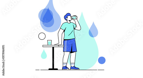 Man drinking water, staying hydrated with blue water drops and circles, healthy lifestyle