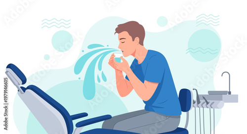 Man rinsing mouth after dental treatment in a dentist chair