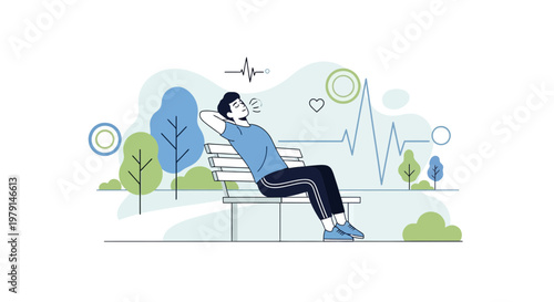 Man relaxing on park bench, healthy lifestyle, calm breathing, heart rate monitor graphic
