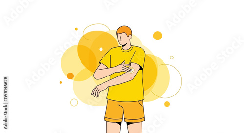 Man scratching arm, skin irritation, allergy, rash, itchy skin, yellow background, abstract circles