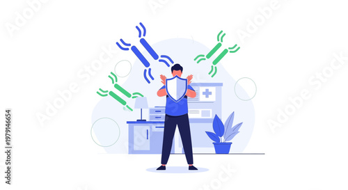 Man Shielding Against Antibodies, Immune System Defense Concept