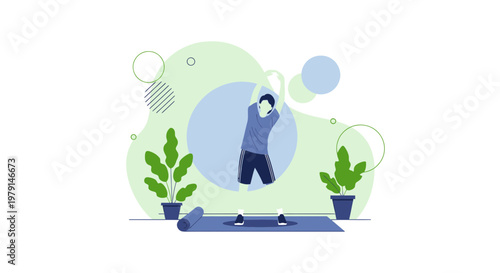 Man Stretching at Home with Yoga Mat and Plants, Healthy Lifestyle Concept