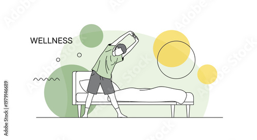 Man stretching by bed, morning wellness routine, healthy lifestyle concept